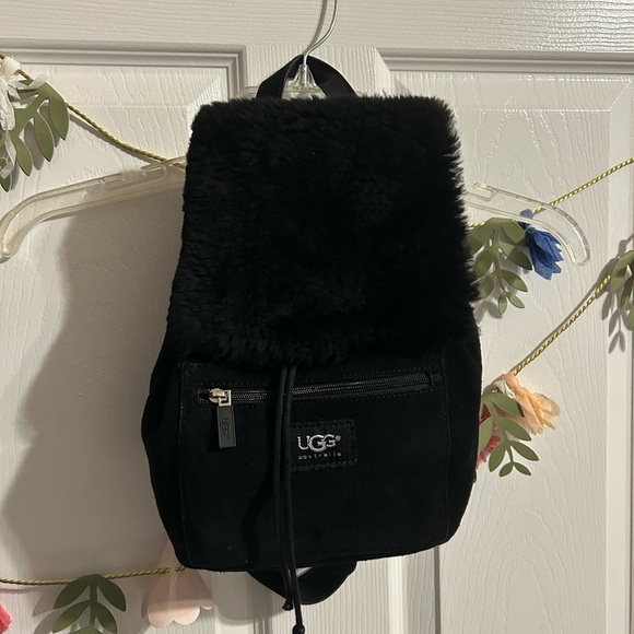 UGG Australia Black Suede Shearling Mini Drawstring Backpack - Picture 1 of 13